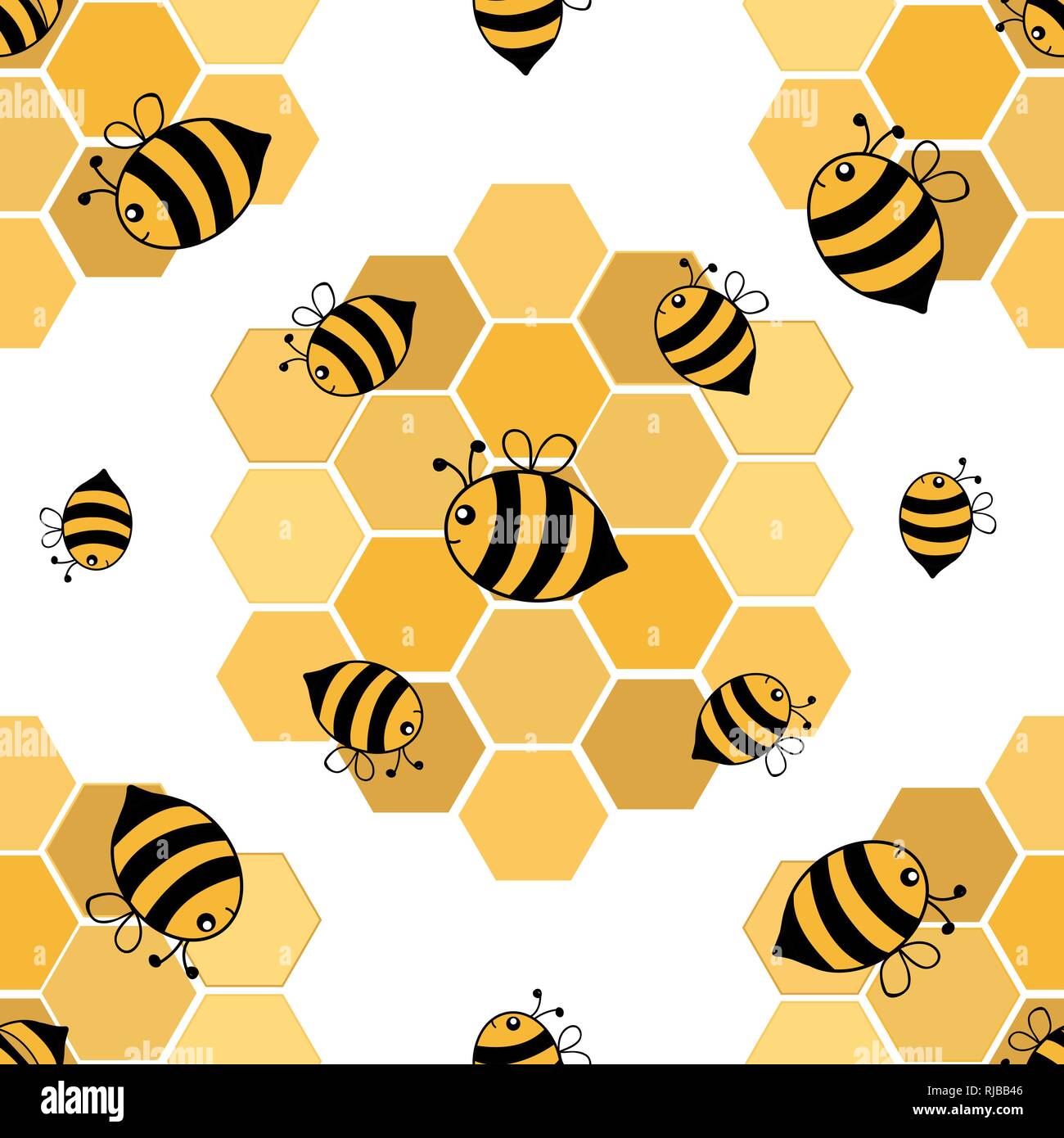 Seamless pattern of hand drawn cartoon style bees with honeycombs ...