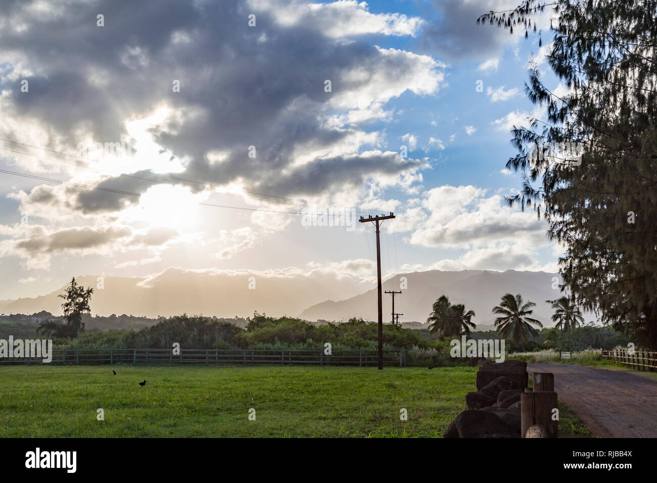 A day ends on Kauai, Hawaii: Beautiful view on grasslands and hills of Kauai. Stock Photo