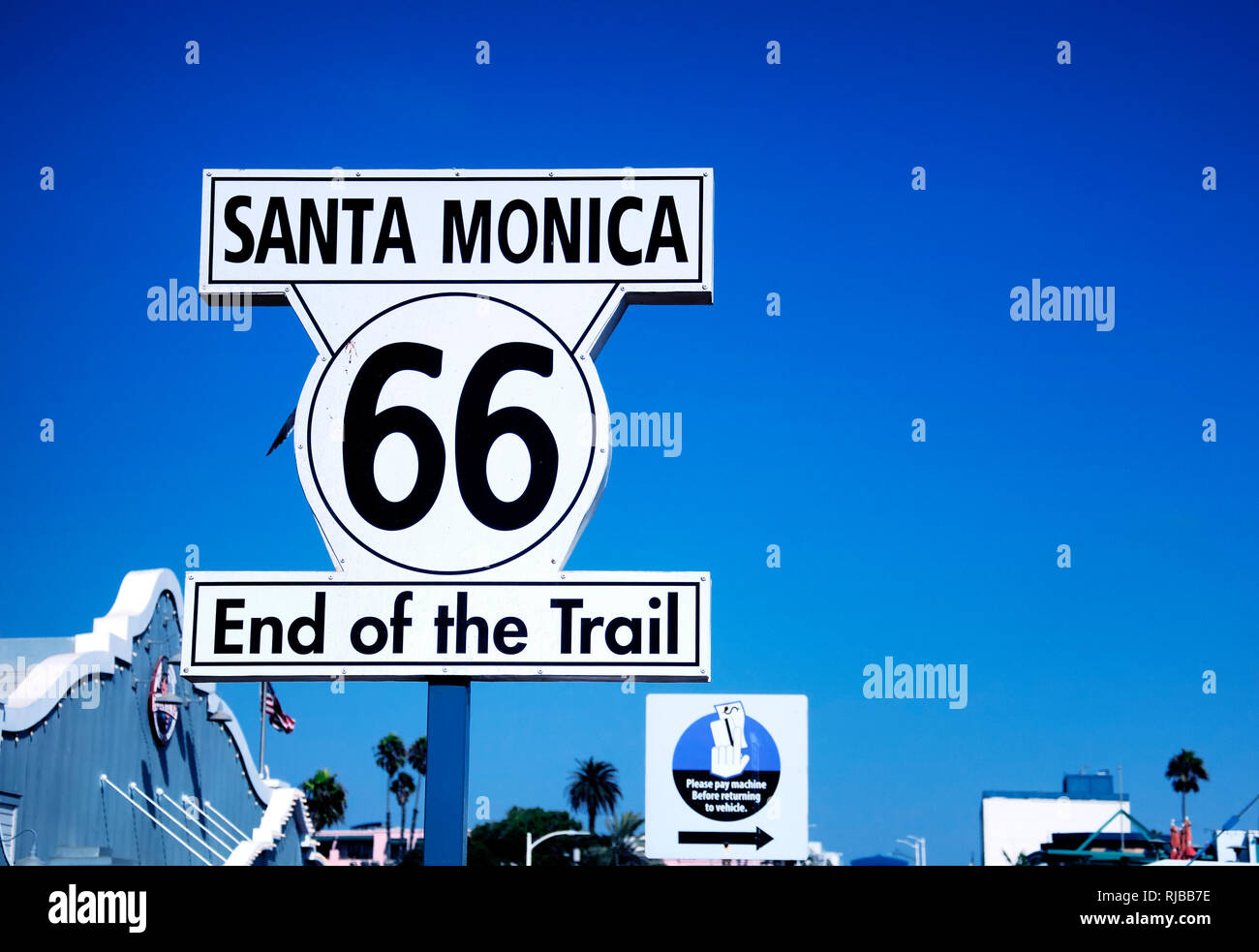 The terminus of the famous Route 66 on a cloudless blue sky sunny day in  Santa Monica California Stock Photo - Alamy