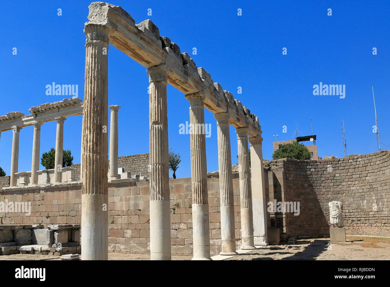 Pergamon, Acropolis-Turkey. The ruins of the temple of Traian temple. It was built during the Roman Emperor Traian period (98-161 AD). Stock Photo