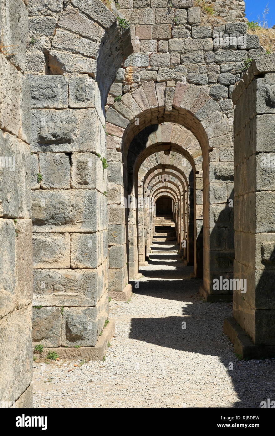 Gallery in front of Antique Pergamon Acropolis, North Castle Walls. Stock Photo