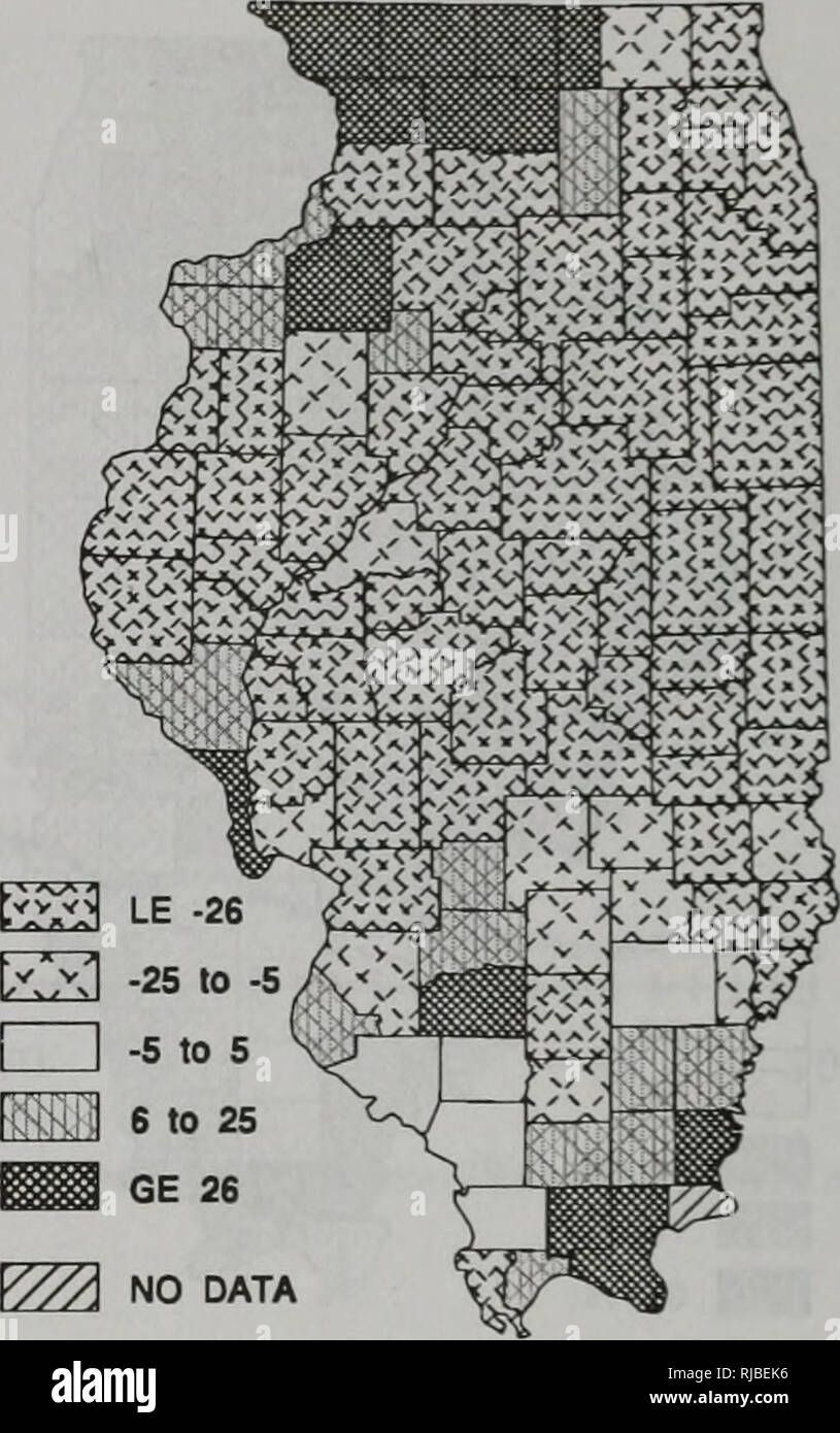 . The changing Illinois environment : critical trends : technical report of the Critical Trends Assessment Project. Man; Pollution; Environmental protection; Ecology; Environmental impact analysis. ES LE -51 KX-1 -50 to -6 -5 Ot 5 GE 6. V//A NO DATA Figure 12. Percent change in acres of hay in Illinois counties, 1964 to 1987. Source: U.S. Department of Commerce, Bureau of the Census. Figure 13. Percent change in acres of wheat in Illinois counties, 1964 to 1987. Source: U.S. Department of Commerce, Bureau of the Census. 100 90 - 80 - 70 - 60 - ^ 50 - 40 30 ^ 20 10 0 f^ 1945 1950 1955 1960 1965 Stock Photo