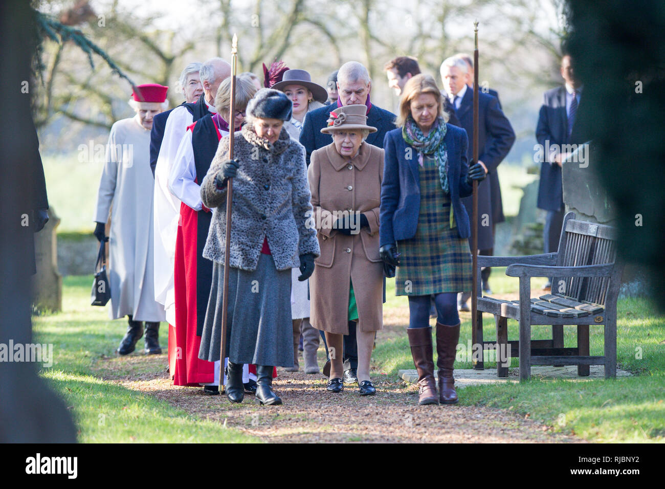 The Queen and  Prince Andrew leaving  St Peter's Church, Wolferton,Norfolk after morning service. Stock Photo