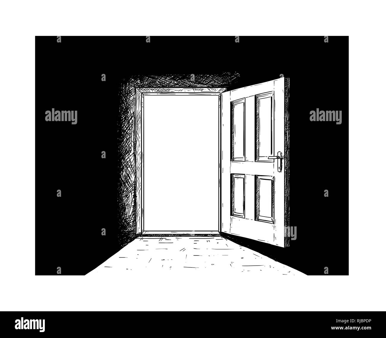 Cartoon of Open Wooden Decision Door and Light Coming From It. Stock Photo