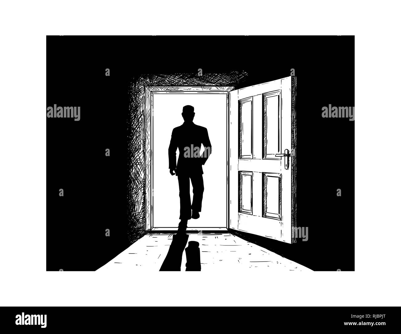 Cartoon of Open Door and Man Walking in or from Light Stock Photo