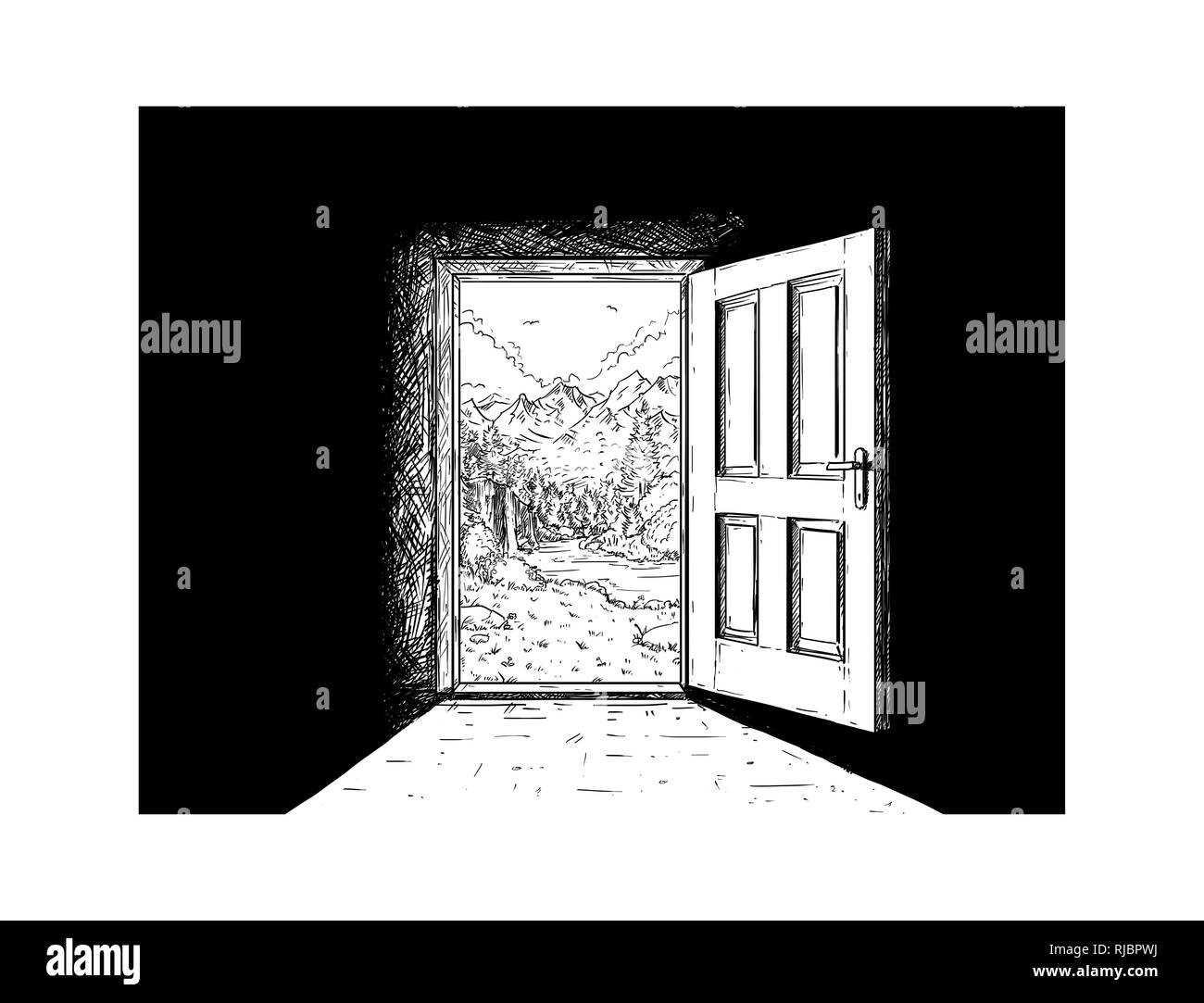 Cartoon of Door to Nature Freedom Stock Photo