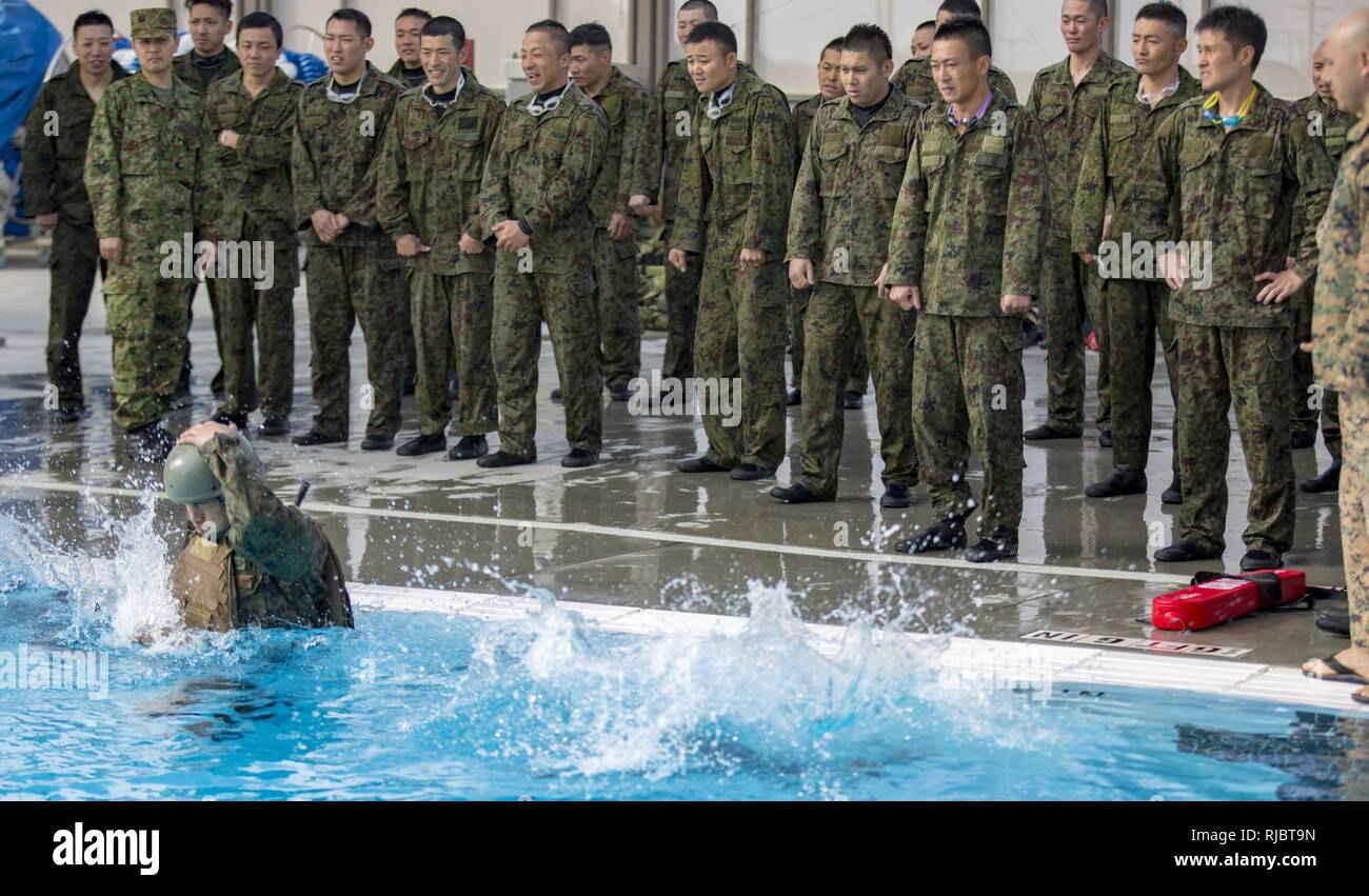 MARINE CORPS BASE CAMP PENDLETON, California – Japan Ground Self Defense Force soldiers observe a demostration during a Marine Corps intermediate swim qualification as part of exercise Iron Fist Jan. 16, 2018. Iron Fist brings together U.S. Marines from the 11th Marine Expeditionary Unit and Soldiers from the Japan Ground Self Defense Force, Western Army Infantry Regiment, to improve bilateral planning, communicating, and conduct combined amphibious operations. Stock Photo