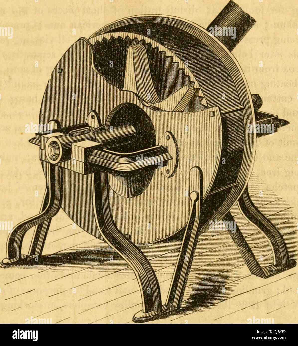 https://c8.alamy.com/comp/RJBYFP/charles-v-mapes-agricultural-machinery-c-v-mapes-illustrated-catalogue-231-howells-quartz-crusher-and-universal-mill-fig-430-howells-quartz-crasher-and-universal-mill-fig-430-represents-this-extraordinary-mill-which-is-capable-of-crushing-a-larger-amount-of-material-with-a-less-expenditure-of-power-than-any-other-mill-now-in-use-the-engraving-fully-represents-all-the-parts-and-a-portion-of-the-side-left-off-to-exhibit-the-arms-shows-its-inside-structure-the-shell-is-three-feet-diameter-and-five-inches-wide-a-steel-shaft-passes-through-the-centre-armed-with-six-pro-jec-RJBYFP.jpg