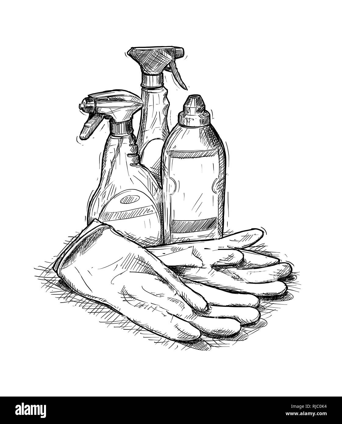 Hand Drawing of Set of House Cleaning Products Stock Photo