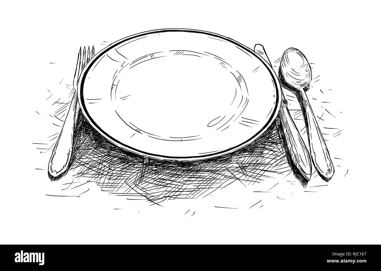 Artistic Illustration or Drawing of Empty Plate, Knife and Fork Stock Photo