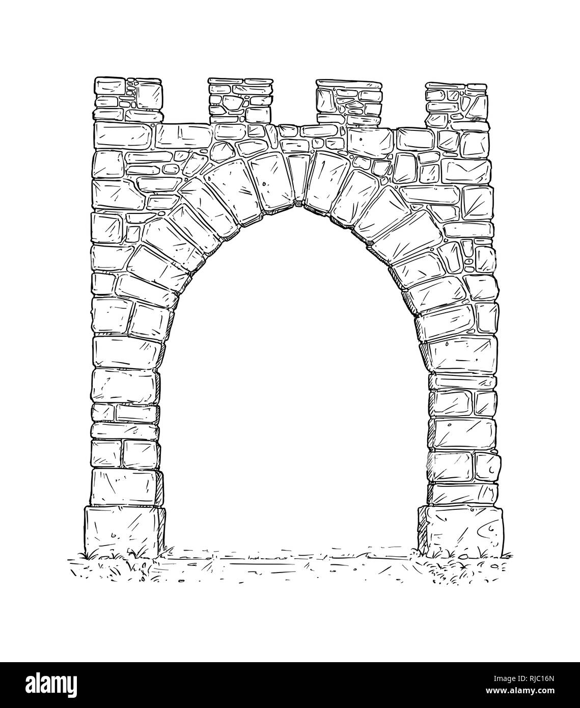 Cartoon of Open Stone Medieval Decision Gate Stock Photo
