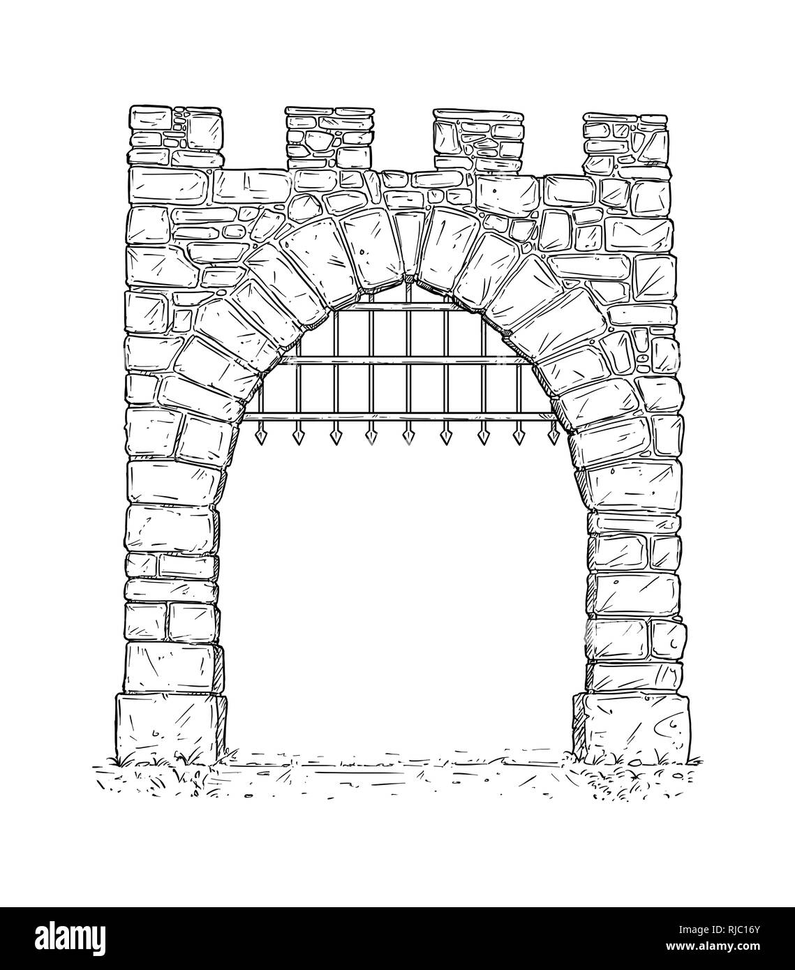 Cartoon of Open Stone Medieval Decision Gate with Iron Bars Stock Photo