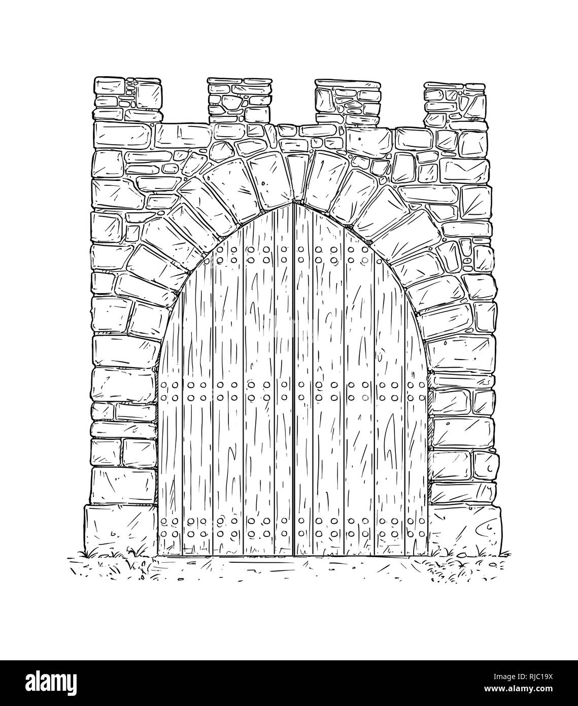 Cartoon of Stone Medieval Decision Gate Closed by Wooden Door Stock Photo
