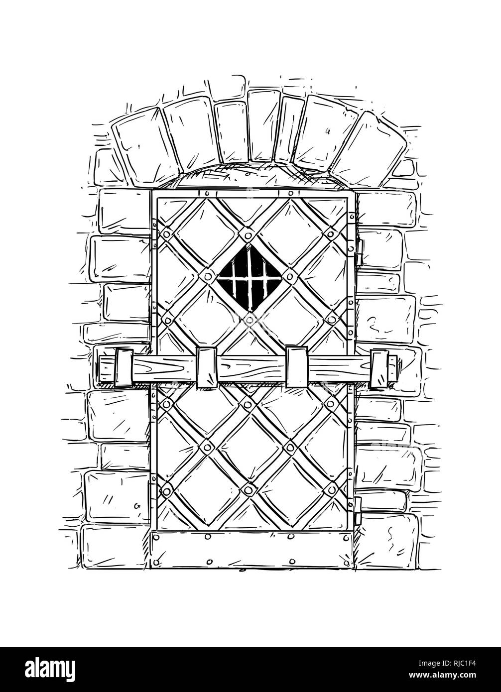 Cartoon Drawing of Wooden Medieval Door Closed by Latch Stock Photo