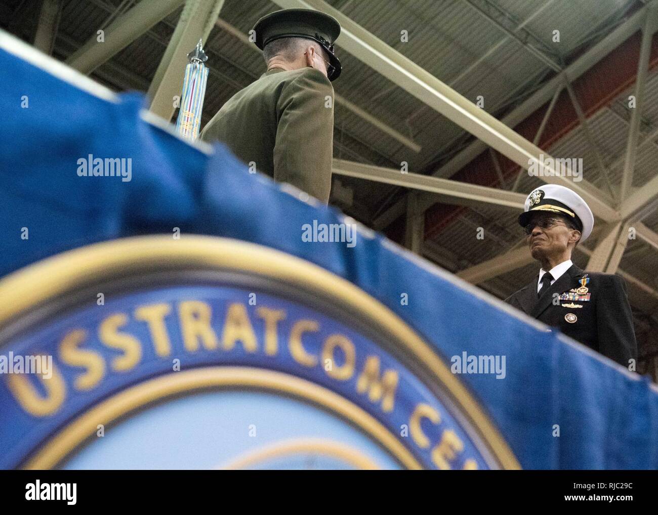 Defense Secretary Ash Carte and Marine Gen. Joseph F. Dunford Jr., chairman of the Joint Chiefs of Staff, participate in the Strategic Command change of command ceremony at Offutt Air Force Base, Omaha, Nebraska Nov. 3, 2016.  Air Force Gen. John E. Hyten assumes command from Navy Adm. Cecil D. Haney. Stock Photo