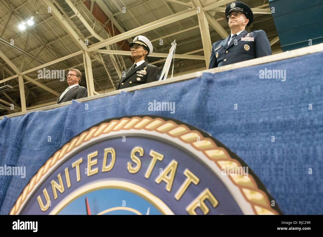 Defense Secretary Ash Carte and Marine Gen. Joseph F. Dunford Jr., chairman of the Joint Chiefs of Staff, participate in the Strategic Command change of command ceremony at Offutt Air Force Base, Omaha, Nebraska Nov. 3, 2016.  Air Force Gen. John E. Hyten assumes command from Navy Adm. Cecil D. Haney. Stock Photo