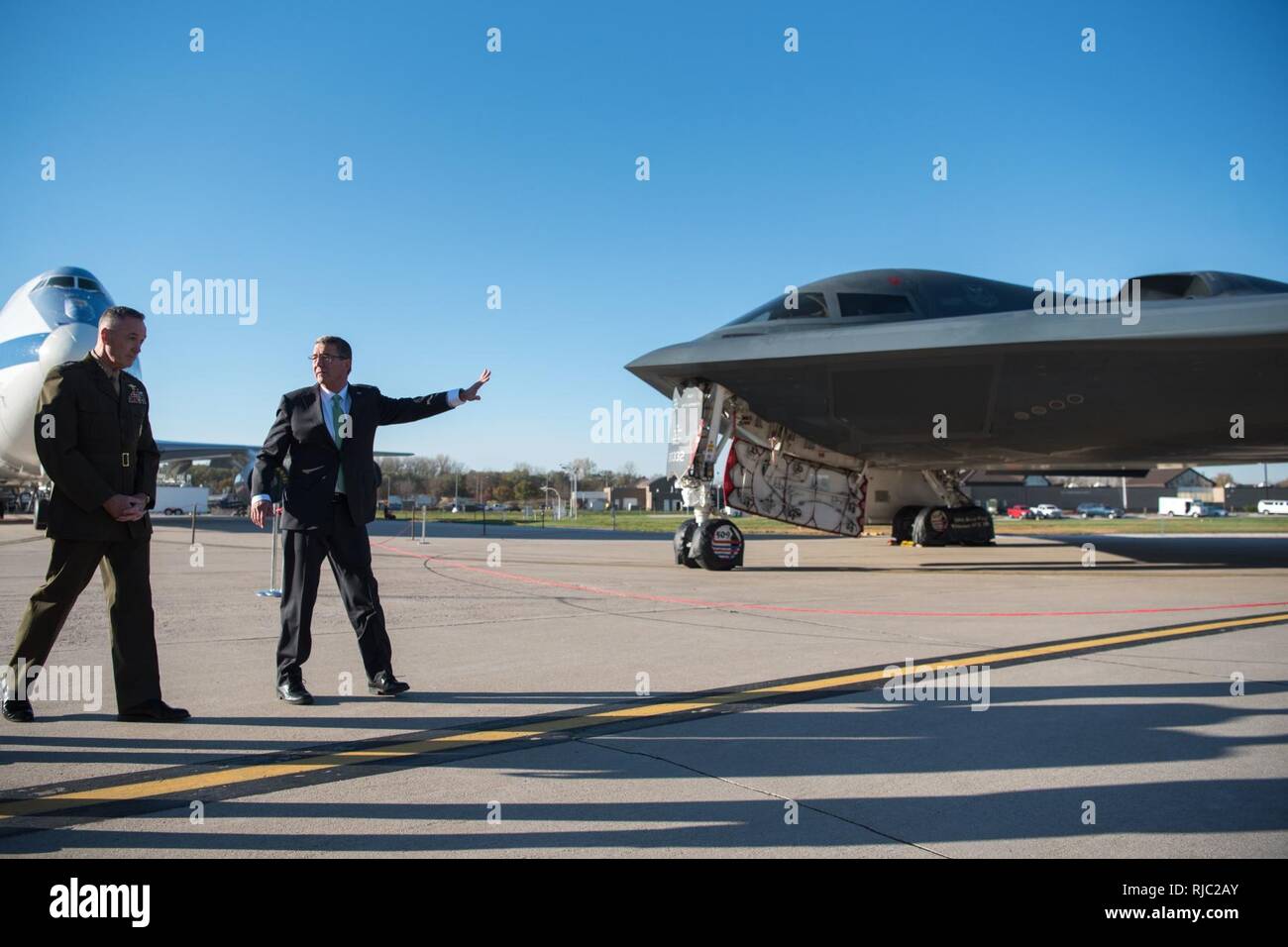 Marine Gen. Joseph F. Dunford Jr., chairman of the Joint Chiefs of Staff, and Defense Secretary Ash Carter participate in the Strategic Command change of command ceremony at Offutt Air Force Base, Omaha, Nebraska Nov. 3, 2016.  Air Force Gen. John E. Hyten assumes command from Navy Adm. Cecil D. Haney. Stock Photo