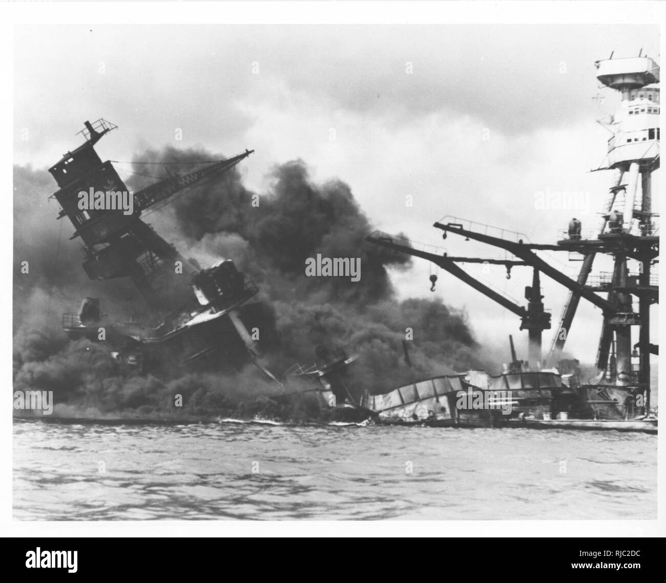 Burning and damaged ships at Pearl Harbor, Dec. 7 1941. Stock Photo