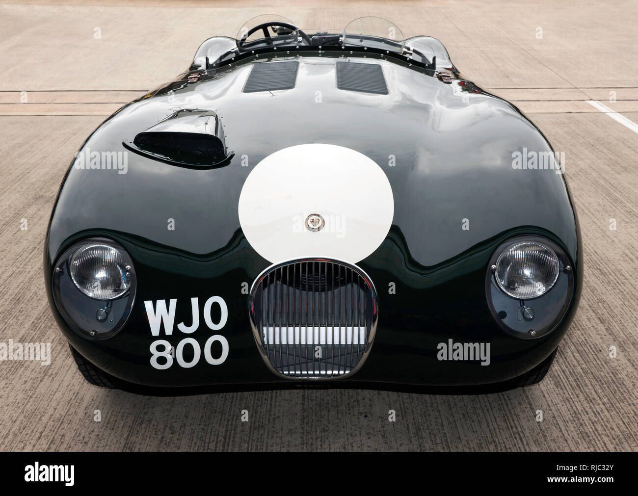Front view of a 1955, Jaguar C-type,  at the Silverstone Classic 2017 Stock Photo