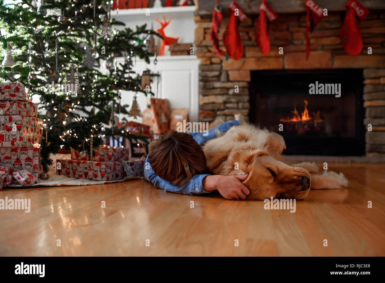 Boy lying on the floor in front of a Christmas tree cuddling his dog Stock Photo