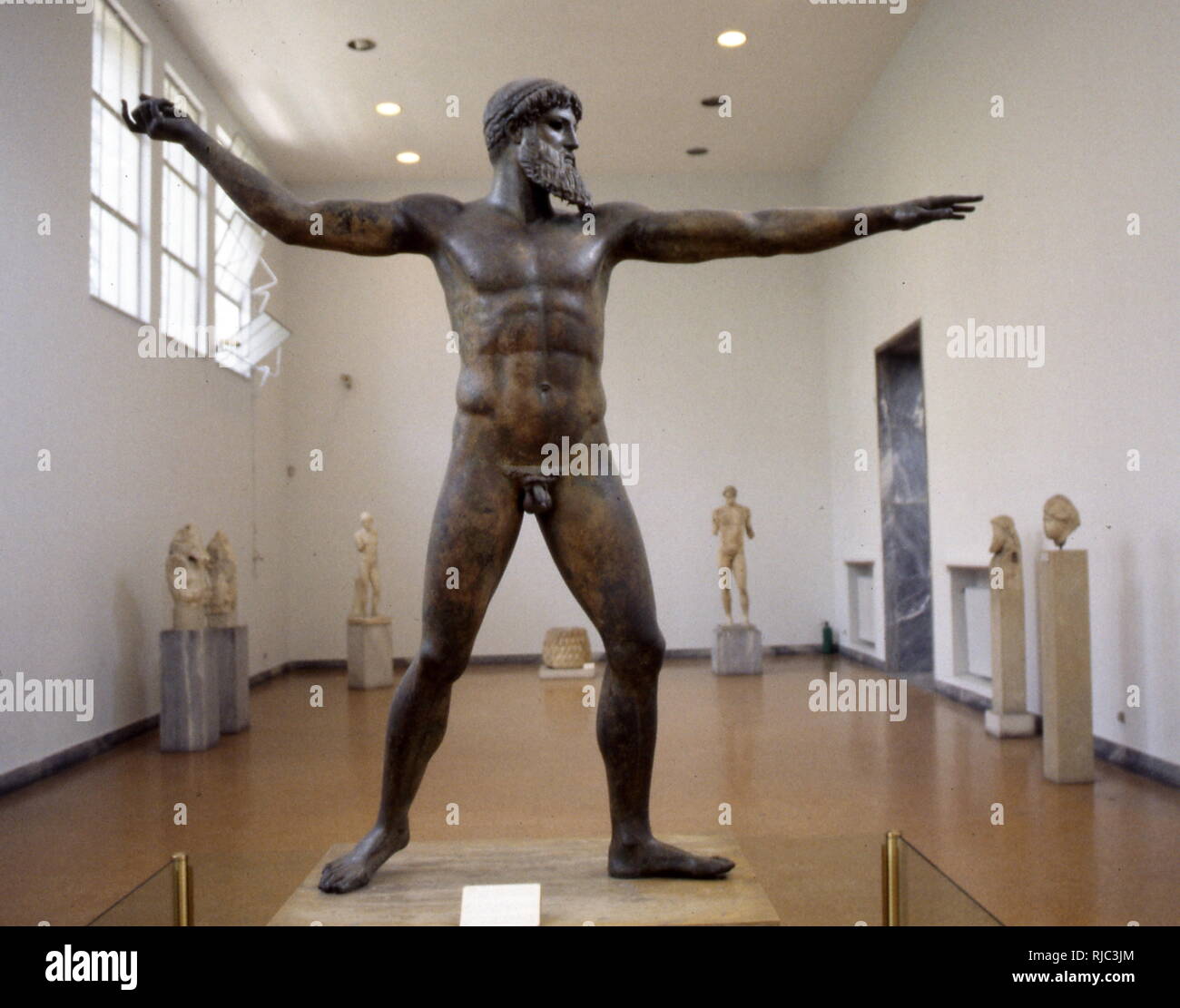 The Artemision Bronze; ancient Greek sculpture, recovered from the sea off Cape Artemision, Greece. It represents either Zeus or Poseidon, ca. 460 BC. The sculpture was first discovered in 1926, at the site of a shipwreck that occurred no earlier than the middle of the second century B.C. Stock Photo