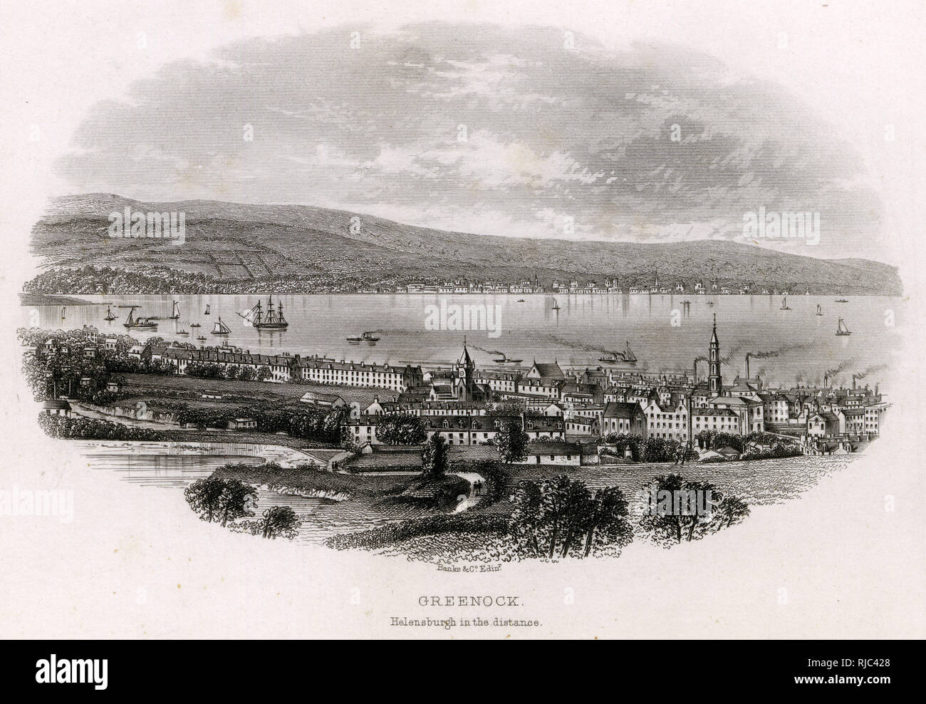Greenock is a town and administrative centre in the Inverclyde council area in Scotland and a former burgh within the historic county of Renfrewshire, located in the west central Lowlands of Scotland. Helensburgh can be seen in the distance. Stock Photo