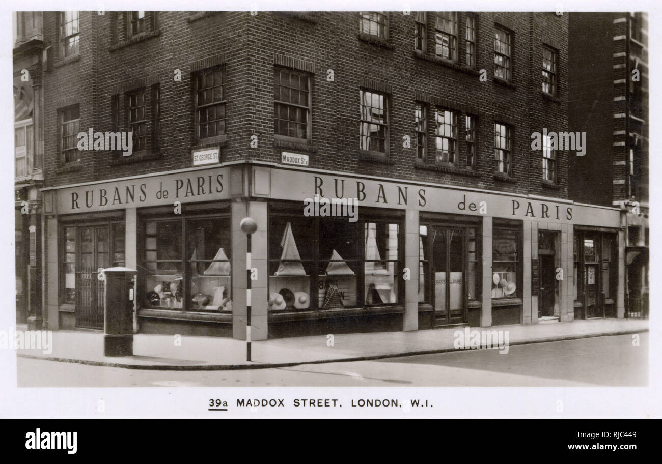 Rubans de Paris (Milliner and Draper) - Corner of Maddox Street (39a) / St George Street, London. Stock Photo