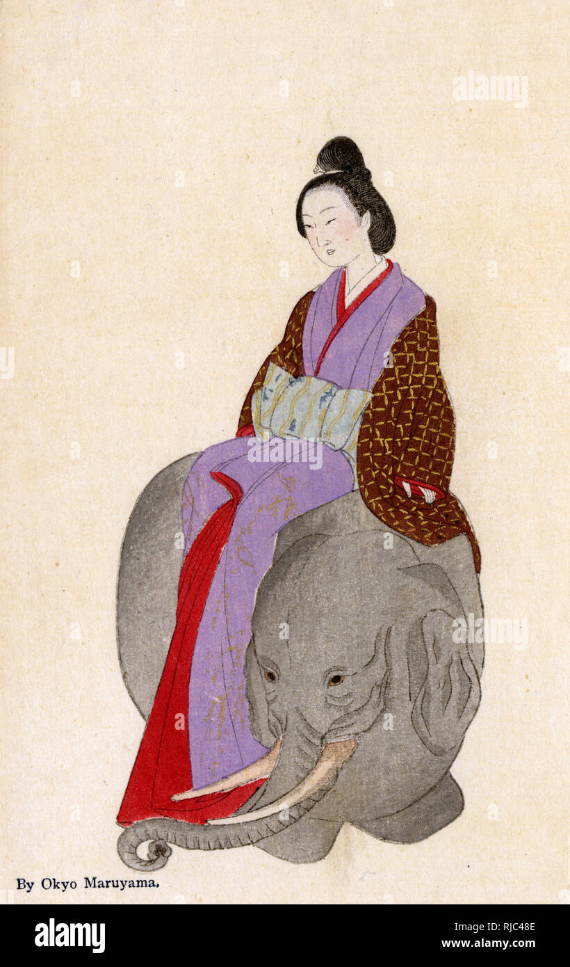 Reproduction of a painting on a Japanese hanging scroll by Maruyama Okyo (1733-1795), depicting a  woman sitting on an Elephant's back. Stock Photo