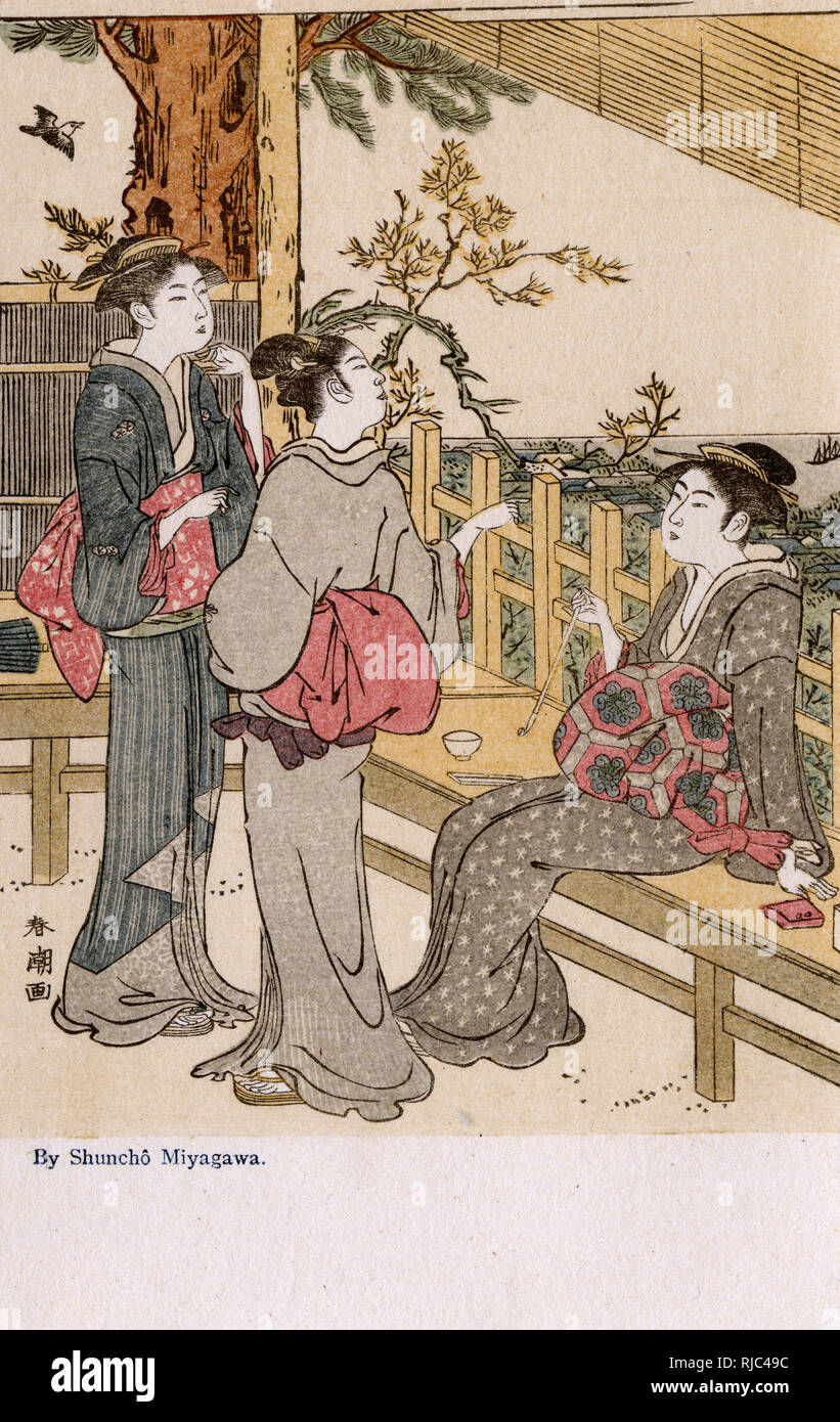 Three Women talking on a terrace by Katsukawa Shuncho (fl. 1783 to circa 1795) Stock Photo