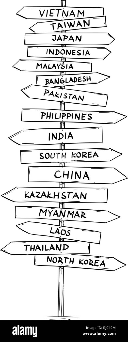 Drawing of Old Road Directional Arrow Sign With Names of Some Asian Countries Stock Vector