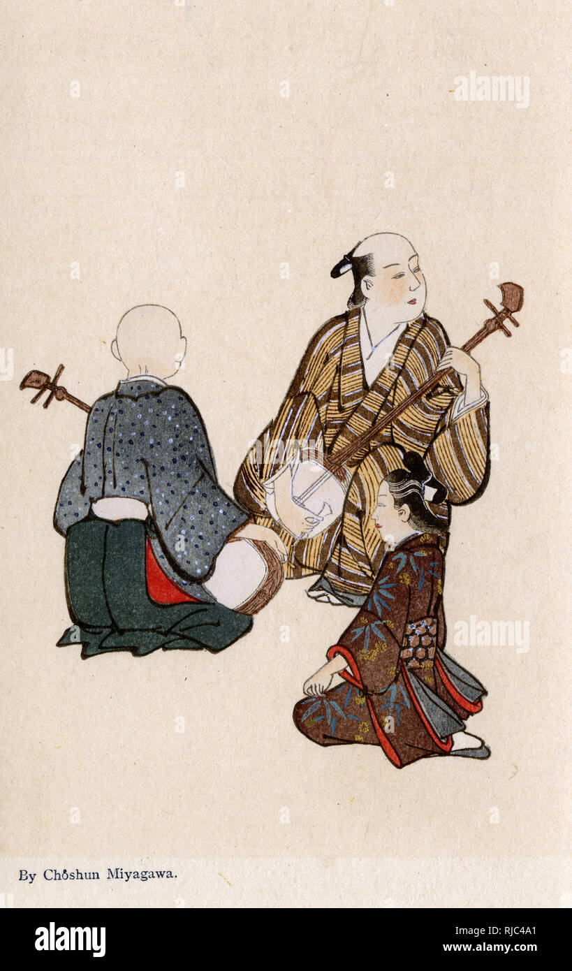 A young girl listens to two Koto Players by Miyagawa Choshun (1683-1753). Stock Photo