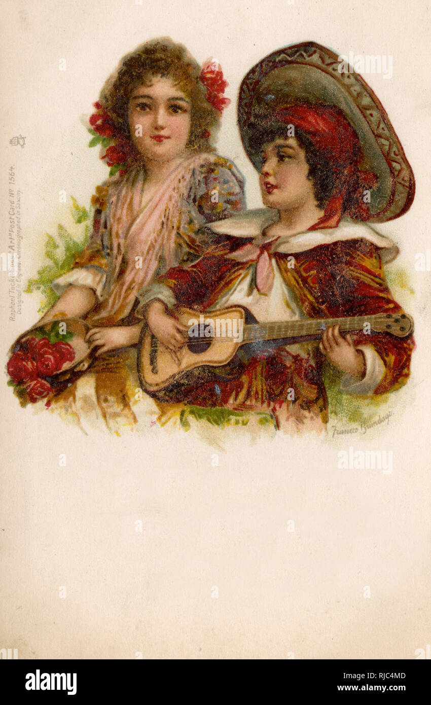 Spanish Children sing and play music - kitsch postcard Stock Photo