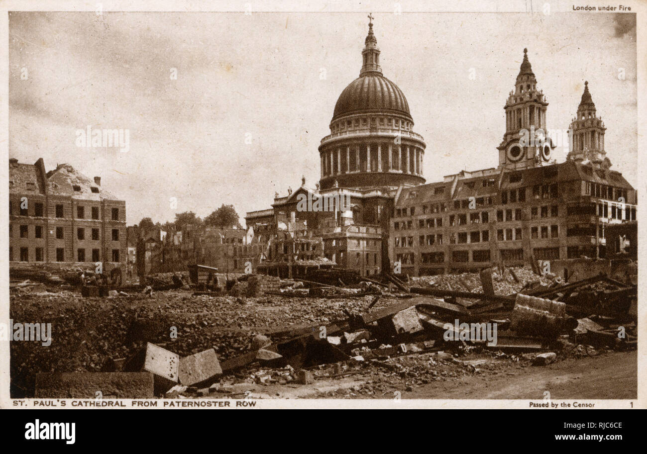WW2 - Bomb damage in London - St. Paul's Cathedral from Paternoster Row. Stock Photo