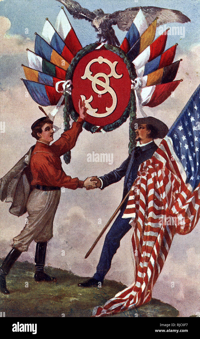 Postcard celebrating Czech - USA relations post-WW1 Stock Photo