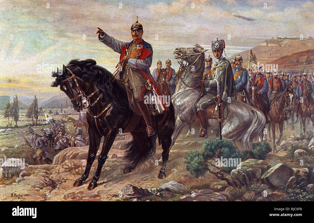 Our emperor at the head of his army commanders - Kaiser Wilhelm II on horseback taking charge of his Army in this highly patriotic and allegorical image. Behind him on the grey horse is Field Marshal August von Mackensen  - note the Totenkopf on his fur busby. Stock Photo