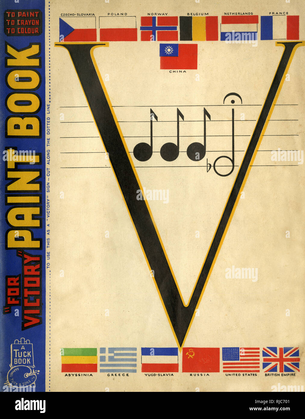 Front cover design, For Victory Paint Book, with Allied flags, a V sign, and the first four notes of Beethoven's Fifth Symphony, used as a propaganda symbol for Victory during the Second World War. Stock Photo