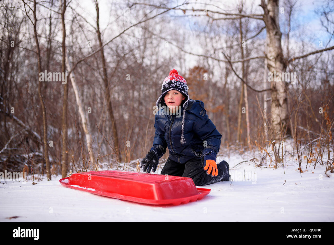 Boy sitting by a sledge in the forest, Wisconsin, United States Stock Photo