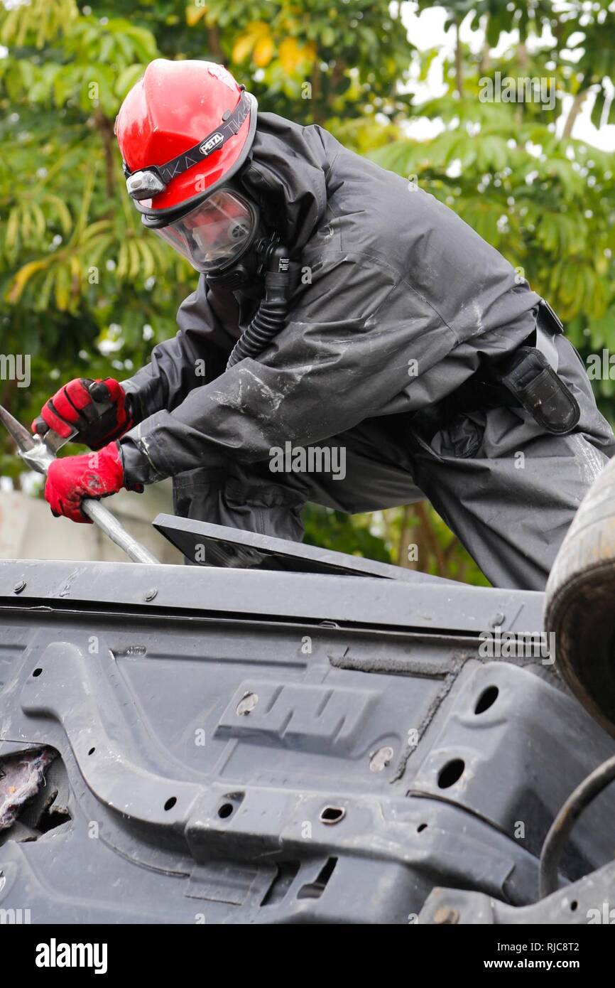 U. S. Army Reserve Spc. Jeffrey Evans assigned to 424th engineer Company works in a Joint Training Exercise on the Miami-Dade Fire Rescue Urban Search and Rescue Training Site in Miami, Fla. Jan. 10, 2018. This JTE focused on building response capabilities and seamless transition between the local first responders and the follow-on support provided by the National Guard and Active duty soldiers. (U. S. Army Stock Photo