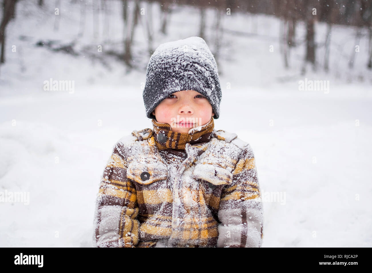 Portrait of a boy in the snow, Wisconsin, United States Stock Photo