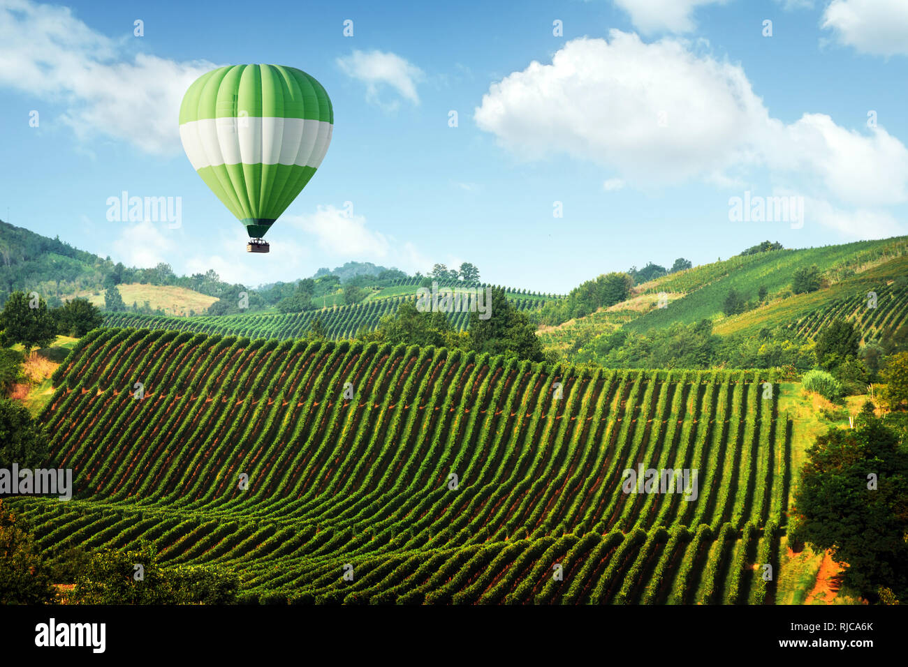 Amazing rural landscape with green balloon under vineyard on Italy hills. Vine making background Stock Photo