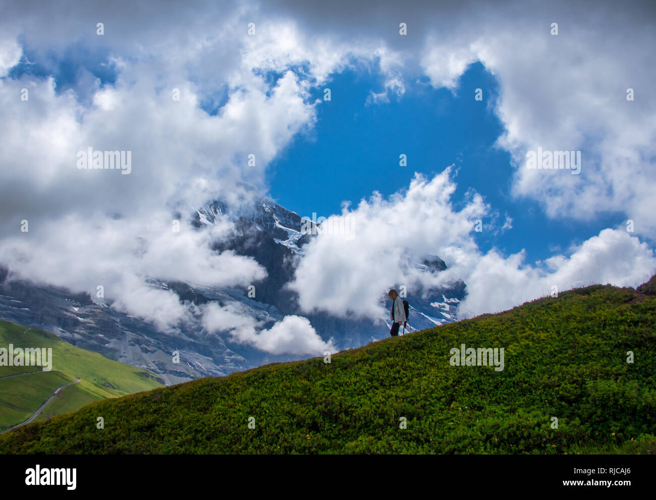Woman Hiking In Swiss Alps Switzerland Stock Photo Alamy Woman Hiking In Swiss Alps Switzerland Stock Photo Alamy