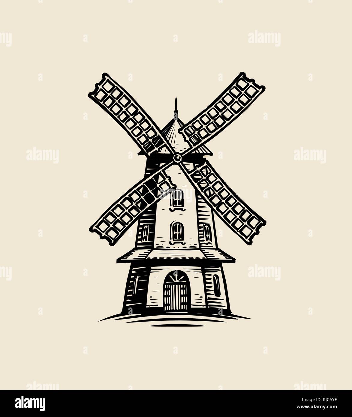 Windmill logo or label. Agriculture, farm, bakery sketch. Vintage vector illustration Stock Vector