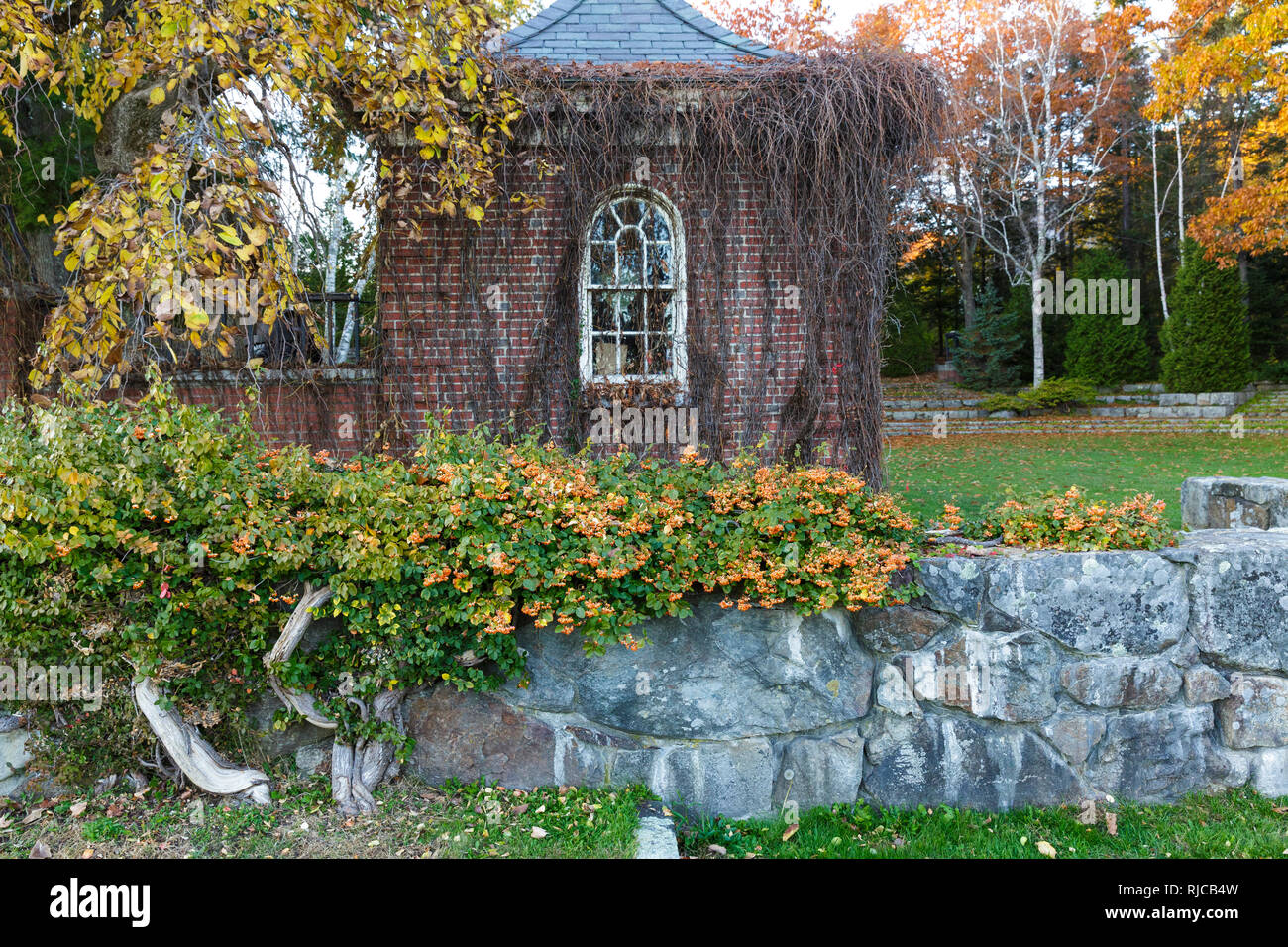 Camden Amphitheater in downtown Camden, Maine during the autumn months