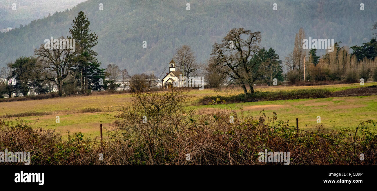 Church in rural landscape, Vancouver Island, British Columbia, Canada Stock Photo