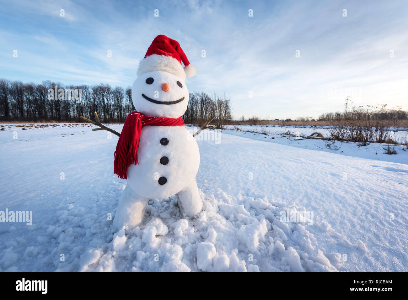 Funny snowman in santa hat and red scalf on snowy field. Christmass and New Year background Stock Photo