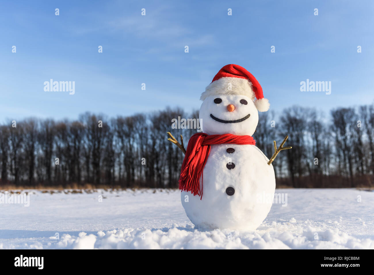 Funny snowman in santa hat and red scalf on snowy field. Christmass and New Year background Stock Photo