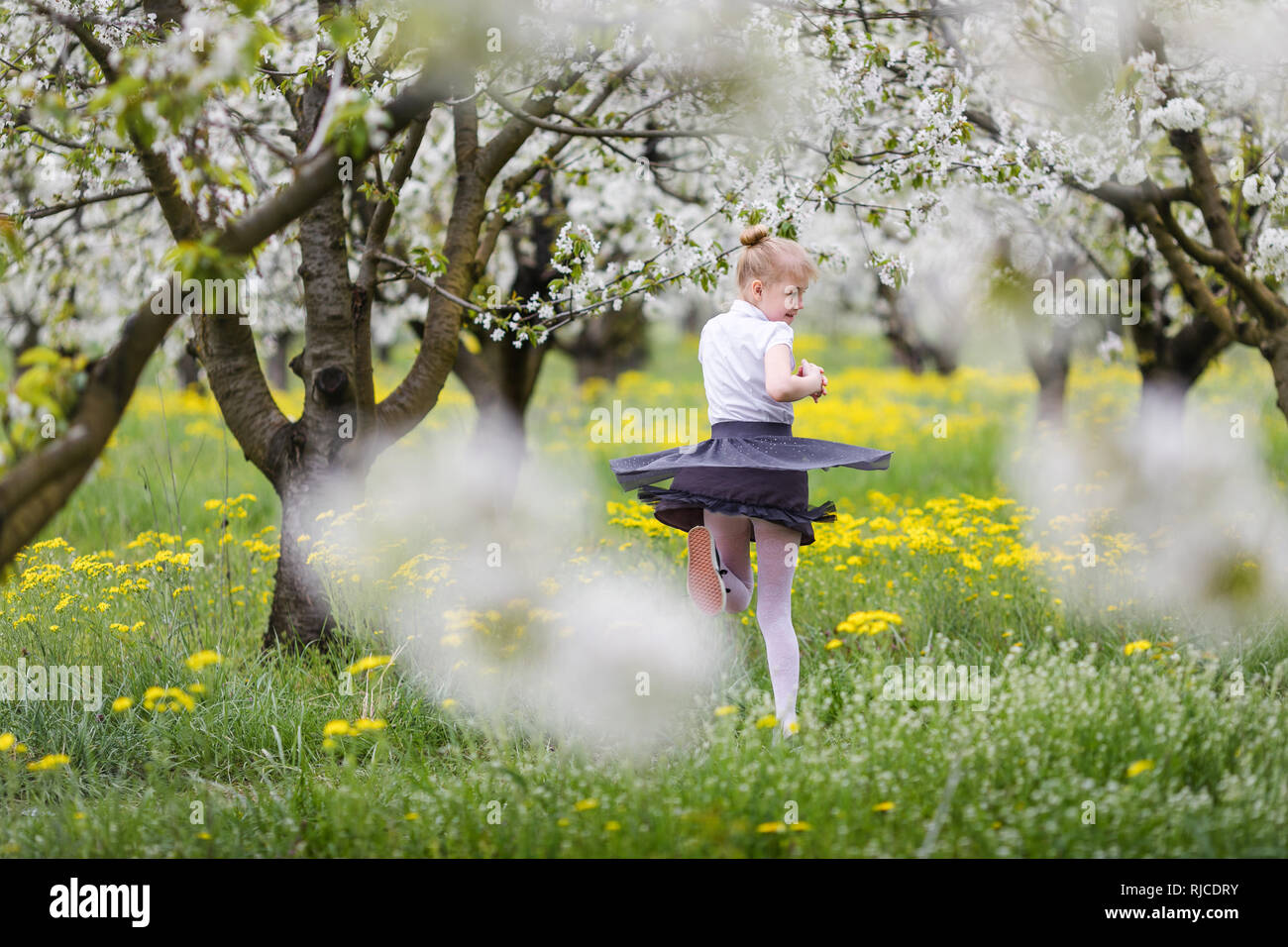 Little blonde girl dancing in blooming apple and cherry garden. Warm ...