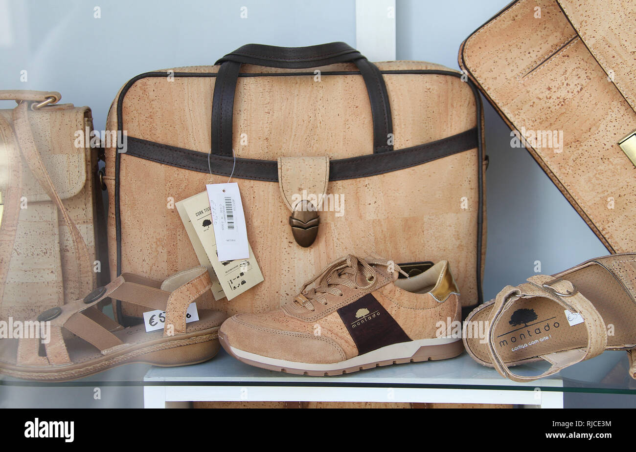 Bags and shoes made from natural cork in a Portuguese shop window Stock Photo