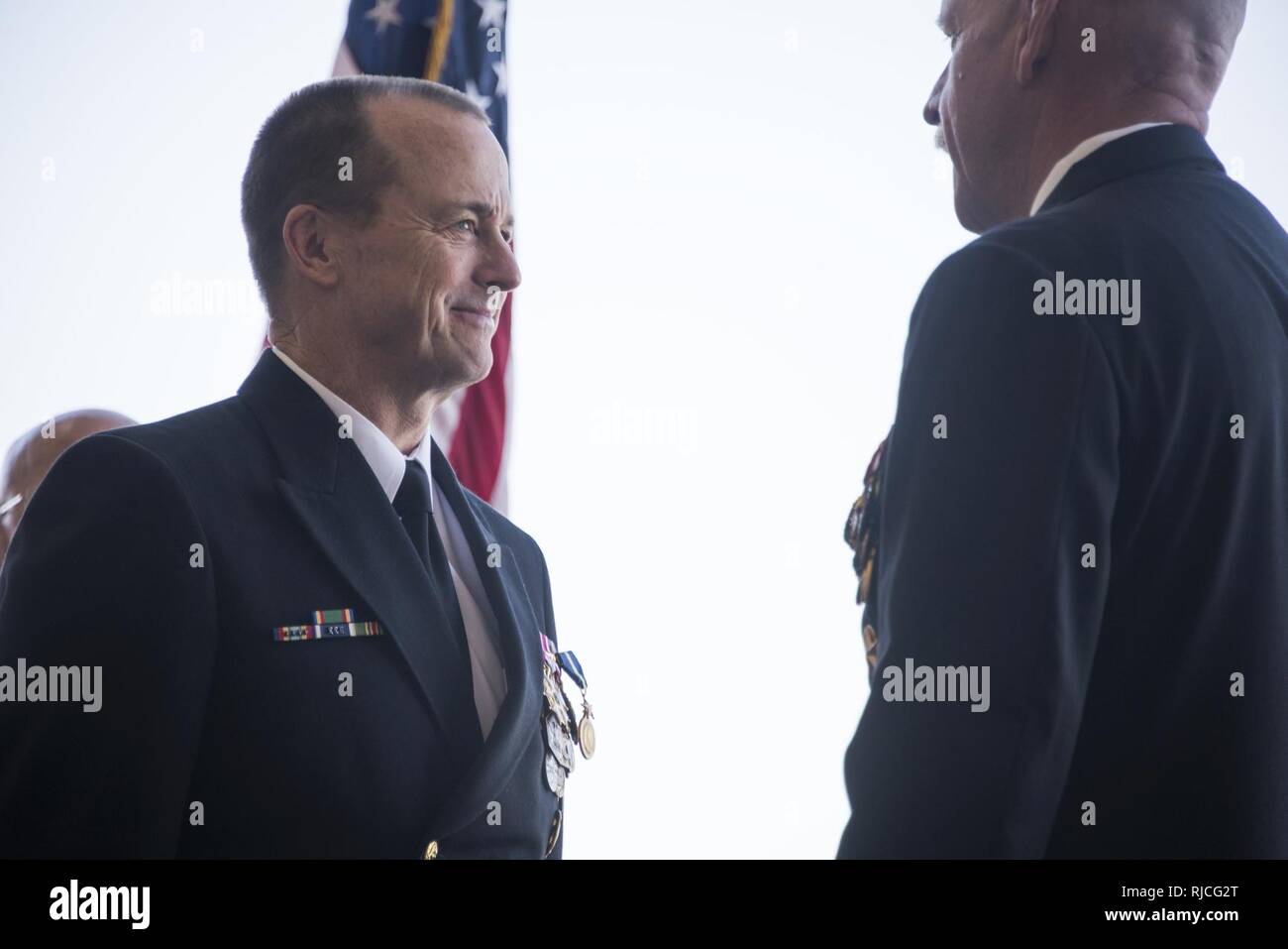 SAN DIEGO (January 11, 2018) Vice Adm. Mike Shoemaker is awarded the Distinguised Service Medal during a Commander, Naval Air Forces change of command ceremony at Naval Air Station North Island. Shoemaker was relieved by Vice Adm. DeWolfe Miller III as commander of Naval Air Forces. Stock Photo