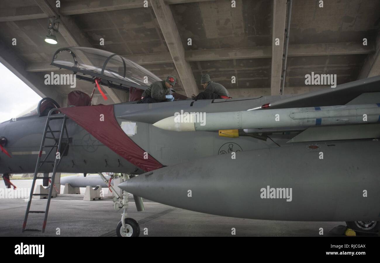 U.S. Air Force Senior Airmen Patrick Badion, left, and Devin Moore, right, both 67th Fighter Squadron crew chiefs, check and install panels on an F-15 Eagle Jan. 11, 2018, at Kadena Air Base, Japan. The F-15 Eagle is an all-weather, extremely maneuverable, tactical fighter designed to permit the Air Force to gain and maintain air supremacy over the battlefield. Stock Photo